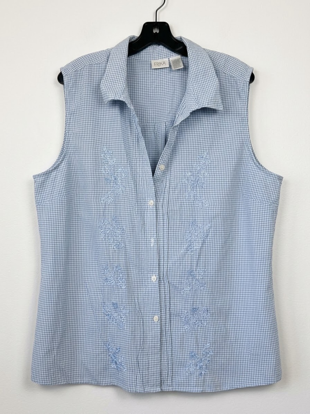 ERIKA Sleeveless Button-Front Light Blue Embroidered Gingham Top size 3X